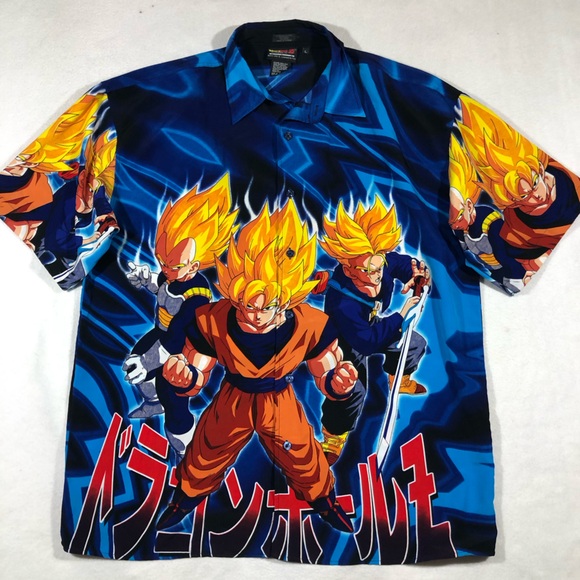 Vintage Dragon Ball Z Shirt Mens Large 2001 Button Up Goku Vegeta Gohan Anime - Picture 1 of 12